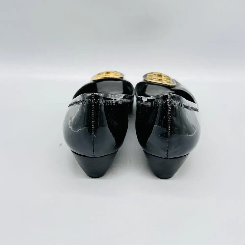 Tory Burch Shoes Womens 8 Black Patent Wedge Heel Pumps Peep Toe Logo Flats
